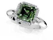 Halo Engagement Ring Setting for Fancy Green Asscher Cut Center with Tapered Plain Band and Prong Head in Sterling Silver