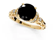 Solitaire Engagement Ring Setting for Fancy Black Round Cut Center with Filigree Band and Prong Head in Yellow Gold