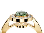 Bezel-Framed Halo Engagement Ring Setting for Fancy Green Pear-Shaped Center with Pave Band and Prong Head in Yellow Gold