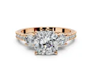 3 Stone Engagement Ring Setting for Cushion Cut Center with Round Cut Side Accents and Prong Head in Rose Gold