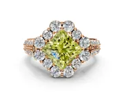 Large Accent Halo Engagement Ring Setting for Fancy Yellow Princess Cut Center with Pave Split Shank and Prong Head in Rose Gold