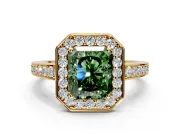 Bezel-Framed Halo Engagement Ring Setting for Fancy Green Radiant Cut Center with Pave Band and Prong Head in Yellow Gold