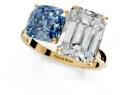 Fancy Blue Cushion Cut and Emerald Cut Lab-Grown Diamond Toi et Moi Engagement Ring with Prong-Set Stones in Yellow Gold