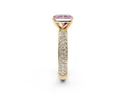 Solitaire Engagement Ring Setting for Fancy Pink Radiant Cut Center with Domed Multi-Row Pave Band and Prong Head in Yellow Gold