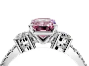 3 Stone Engagement Ring Setting for Fancy Pink Emerald Cut Center with Round Cut Side Accents and Prong Head in Sterling Silver
