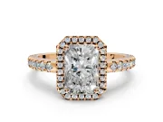 Accent Halo Engagement Ring Setting for Radiant Cut Center with Full-Length Pave Band and Prong Head in Rose Gold