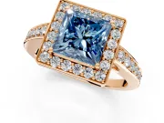 Bezel-Framed Halo Engagement Ring Setting for Fancy Blue Princess Cut Center with Pave Band and Prong Head in Rose Gold