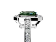 Bezel-Framed Halo Engagement Ring Setting for Fancy Green Emerald Cut Center with Pave Band and Prong Head in Sterling Silver