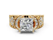 Pave Engagement Ring Setting for Princess Cut Center with Curved Accent Rows, Openwork and Prong Head in Yellow Gold