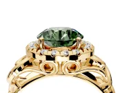 Halo Engagement Ring Setting for Fancy Green Round Cut Center with Open Scroll Shoulders and Prong Head in Yellow Gold