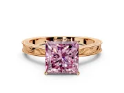 Solitaire Engagement Ring Setting for Fancy Pink Princess Cut Center with Engraved Milgrain Band and Prong Head in Rose Gold