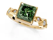 Vintage Station Engagement Ring Setting for Fancy Green Princess Cut Center with Accents and Prong Head in Yellow Gold
