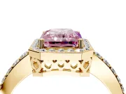 Halo Engagement Ring Setting for Fancy Pink Radiant Cut Center with Heart-Shaped Openwork, Pave Band and Prong Head in Yellow Gold