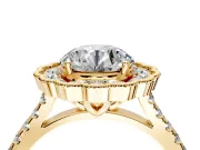 Milgrain Floral Halo Engagement Ring Setting for Round Cut Center with Pave Band and Prong Head in Yellow Gold