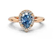Halo Engagement Ring Setting for Fancy Blue Pear-Shaped Center with Tapered Plain Band and Prong Head in Rose Gold