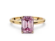 Hidden Halo Engagement Ring Setting for Fancy Pink Emerald Cut Center with Thin Round-Wire Band and Prong Head in Yellow Gold