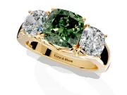 3 Stone Engagement Ring Setting for Fancy Green Cushion Cut Center with Raised Basket Heads and Prong Head in Yellow Gold