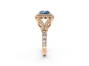Double Halo Engagement Ring Setting for Fancy Blue Cushion Cut Center with Narrow Pave Split Shank and Prong Head in Rose Gold