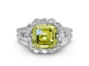 Halo Engagement Ring Setting for Fancy Yellow Asscher Cut Center with Two-Strand Split Shank and Prong Head in Platinum