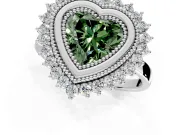 Halo Engagement Ring Setting for Fancy Green Heart-Shaped Center with Milgrain Bezel Rim, Plain Band and Prong Head in Sterling Silver