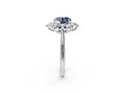 Small-Accent Cluster Halo Engagement Ring Setting for Fancy Blue Round Cut Center with Plain Band and Prong Head in Sterling Silver