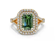 Double Halo Engagement Ring Setting for Fancy Green Emerald Cut Center with Narrow Pave Split Shank and Prong Head in Yellow Gold