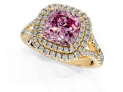 Double Halo Engagement Ring Setting for Fancy Pink Cushion Cut Center with Narrow Pave Split Shank and Prong Head in Yellow Gold