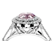 Double Halo Engagement Ring Setting for Fancy Pink Oval Center with Narrow Pave Split Shank and Prong Head in Platinum