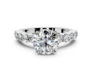 Shared-Prong Engagement Ring Setting for Round Cut Center with Graduated Accents and Prong Head in White Gold
