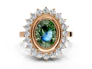 Halo Engagement Ring Setting for Fancy Green Oval Center with Milgrain Bezel Rim, Plain Band and Prong Head in Rose Gold