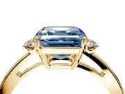 3 Stone Engagement Ring Setting for Fancy Blue Asscher Cut Center with Low-Set Round Cut Accents and Prong Head in Yellow Gold