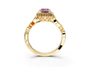 Halo Engagement Ring Setting for Fancy Pink Emerald Cut Center with Leaf Motif Split Shank and Prong Head in Yellow Gold