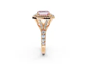 Double Halo Engagement Ring Setting for Fancy Pink Asscher Cut Center with Narrow Pave Split Shank and Prong Head in Rose Gold