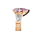 3 Stone Engagement Ring Setting for Fancy Pink Pear-Shaped Center with Channel Baguette Accents and Prong Head in Rose Gold