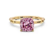 Solitaire Engagement Ring Setting for Fancy Pink Cushion Cut Center with Bamboo Band and Prong Head in Yellow Gold