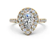 Halo Engagement Ring Setting for Pear-Shaped Center with Heart-Shaped Openwork, Pave Band and Prong Head in Yellow Gold