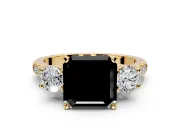 3 Stone Engagement Ring Setting for Fancy Black Asscher Cut Center with Crossover Basket, Pave Band and Prong Head in Yellow Gold