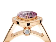 Halo Engagement Ring Setting for Fancy Pink Heart-Shaped Center with Outer Bezel Rim, Pave Band and Prong Head in Rose Gold