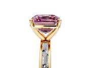 Solitaire Engagement Ring Setting for Fancy Pink Asscher Cut Center with Channel Baguette Band and Prong Head in Yellow Gold