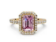 Halo Engagement Ring Setting for Fancy Pink Emerald Cut Center with Inner Milgrain Border and Prong Head in Yellow Gold