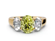 3 Stone Engagement Ring Setting for Fancy Yellow Oval Center with Raised Basket Heads and Prong Head in Yellow Gold
