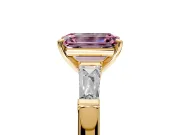 3 Stone Engagement Ring Setting for Fancy Pink Emerald Cut Center with Tapered Baguettes, Plain Band and Prong Head in Yellow Gold