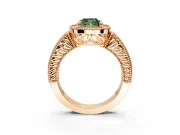 Milgrain Halo Engagement Ring Setting for Fancy Green Cushion Cut Center with Pave Band and Prong Head in Rose Gold