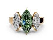 3 Stone Engagement Ring Setting for Fancy Green Marquise Center with Raised Basket Heads and Prong Head in Yellow Gold