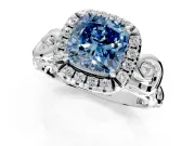 Halo Engagement Ring Setting for Fancy Blue Cushion Cut Center with Open Scroll Shoulders and Prong Head in Platinum