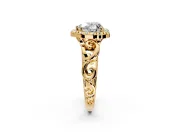 Halo Engagement Ring Setting for Heart-Shaped Center with Open Scroll Shoulders and Prong Head in Yellow Gold