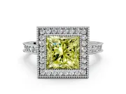 Halo Engagement Ring Setting for Fancy Yellow Princess Cut Center with Milgrain Pave Band and Bezel Head in Sterling Silver