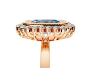 Halo Engagement Ring Setting for Fancy Blue Emerald Cut Center with Milgrain Bezel Rim, Plain Band and Prong Head in Rose Gold