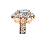Halo Engagement Ring Setting for Princess Cut Center with Milgrain Channel Band and Prong Head in Rose Gold