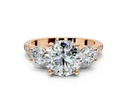 3 Stone Engagement Ring Setting for Round Cut Center with Crossover Basket, Pave Band and Prong Head in Rose Gold
